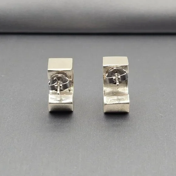 Sterling Silver Geometric C-Hoop Earrings Bold .75" Modern Hexagon Design - Picture 5 of 13